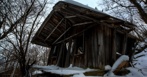 Abandoned wooden cabin partially covered in snow, surrounded by bare trees in a winter landscape.