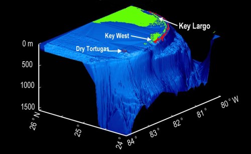 3D topographic map of the Florida Keys, showing Key Largo, Key West, and Dry Tortugas with depth contours.