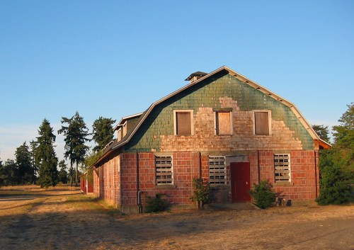 An old, rustic barn with a green and brown exterior, surrounded by dry grass and trees under a clear blue sky.