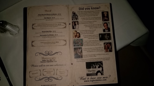 Menu page featuring beer options, beverages, and trivia about the establishment.