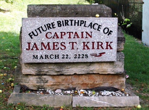 Sign marking the future birthplace of Captain James T. Kirk, dated March 22, 2228.