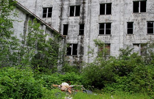 Abandoned building covered in overgrown vegetation, with broken windows and scattered debris in the foreground.