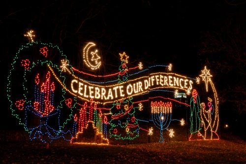 Colorful holiday lights display with the message "Celebrate Our Differences" against a dark night sky.