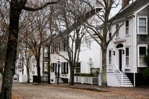 A quiet street lined with historic white houses and bare trees, creating a serene autumn atmosphere.