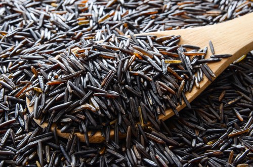 A wooden spoon filled with black wild rice, surrounded by a pile of uncooked wild rice grains.