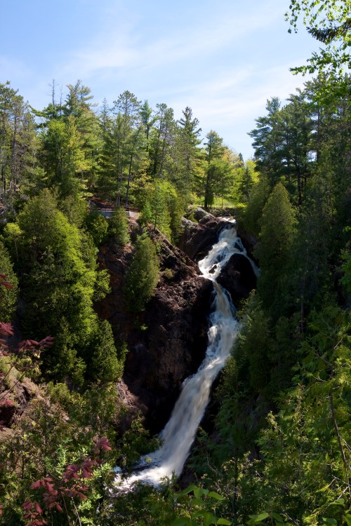 A cascading waterfall flows through a lush green forest under a clear blue sky.