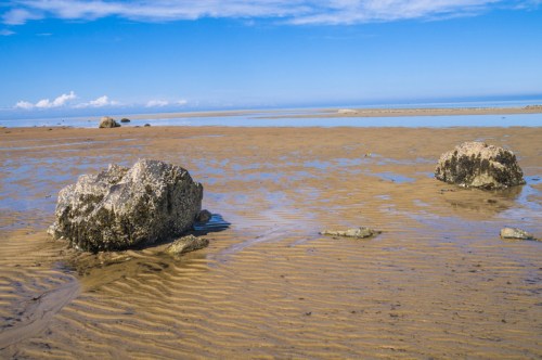 A serene beach scene with large rocks on wet sand, under a clear blue sky and distant ocean waves.
