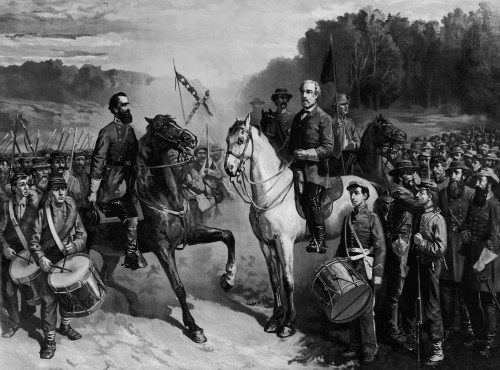 A historic black-and-white scene of two generals on horseback facing each other, surrounded by soldiers and drummers.
