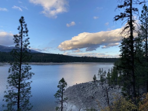 A serene lake surrounded by trees under a blue sky with fluffy clouds, reflecting the calm water.
