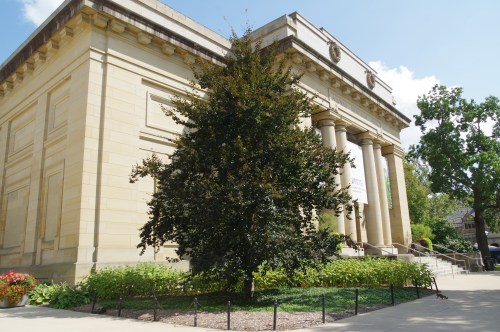 A stone building with columns, surrounded by greenery and a large tree, under a clear blue sky.