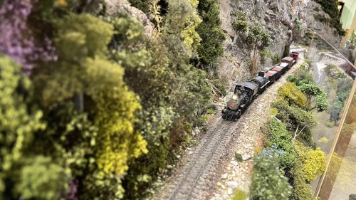 A model train travels along a scenic track surrounded by lush greenery and rocky terrain.