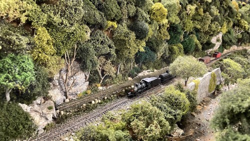 A miniature train travels along tracks through a lush, detailed forest landscape with trees and rocky terrain.