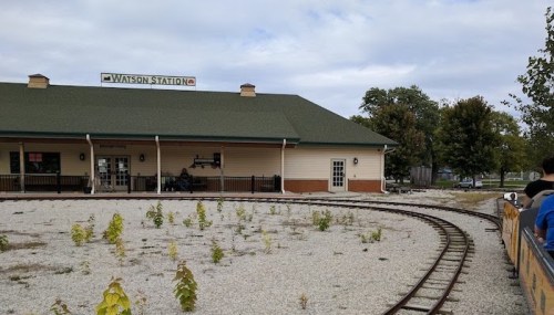 Watson Station building with a green roof, surrounded by gravel and train tracks, under a cloudy sky.