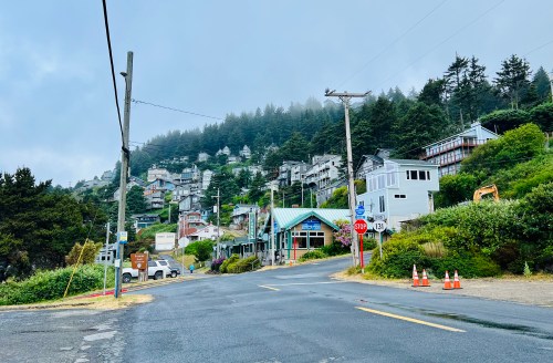 A foggy hillside village with houses, a small store, and road signs, surrounded by lush greenery.