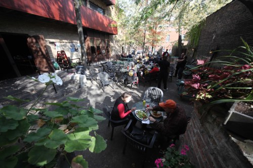 Outdoor dining area with tables, plants, and people enjoying meals in a lively atmosphere.