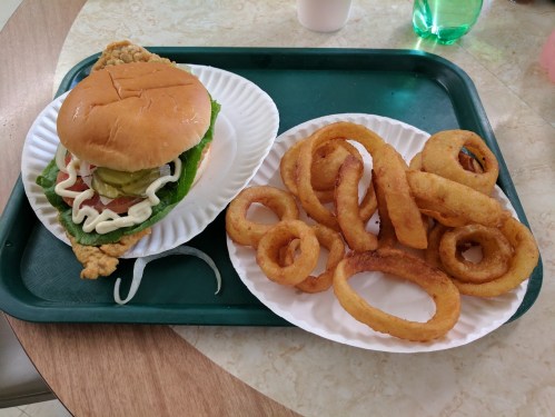A tray with a fried chicken sandwich topped with lettuce, tomato, and mayonnaise, alongside a serving of onion rings.