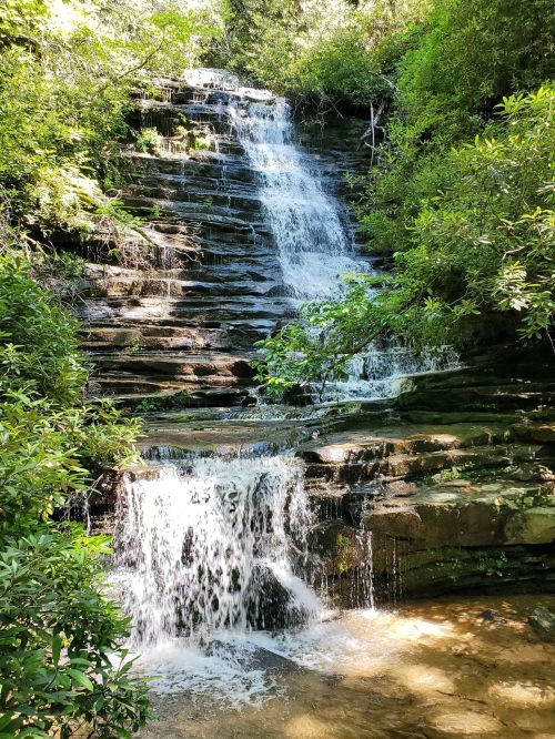 A serene waterfall cascading down rocky steps, surrounded by lush green foliage and a tranquil pool at the base.