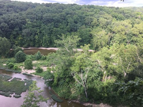 A lush green landscape with a winding river surrounded by trees and hills under a cloudy sky.
