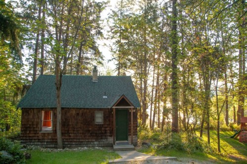 A small wooden cabin surrounded by tall trees, with sunlight filtering through the forest.