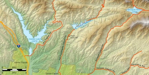 Map showing Castaic Lake, surrounding roads, and topographical features in the area, with contour lines and labels.