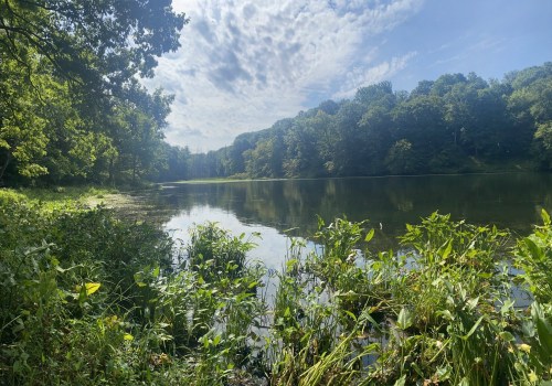 A serene lake surrounded by lush greenery and trees under a partly cloudy sky.