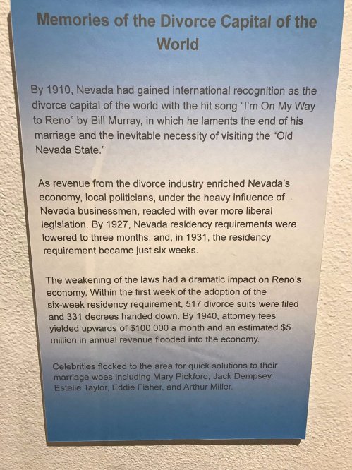 Text on a wall discussing Nevada's history as the "Divorce Capital of the World" and its economic impact.