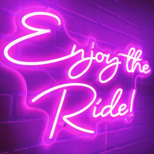 A glowing neon sign that reads "Enjoy the Ride!" in vibrant pink against a brick wall.