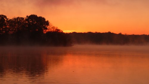 A serene lake at sunrise, with mist rising and trees silhouetted against a vibrant orange sky.