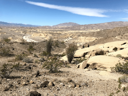 A vast desert landscape with rocky terrain, sparse vegetation, and distant mountains under a clear blue sky.