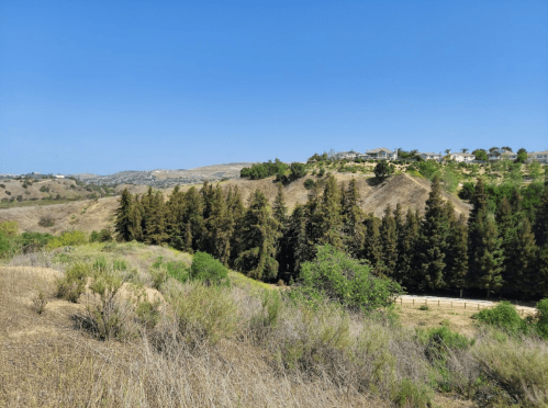 A scenic view of rolling hills with trees and greenery under a clear blue sky.