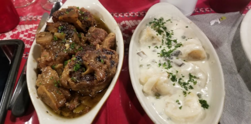 Two dishes on a table: one with meat in a savory sauce, the other with creamy sauce and dumplings, garnished with herbs.