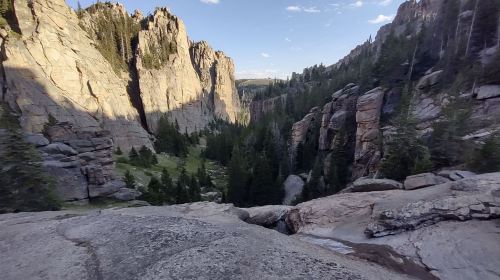 A rocky canyon surrounded by tall cliffs and dense pine trees under a clear blue sky.
