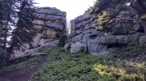 A rocky landscape with towering cliffs, scattered trees, and lush greenery in a natural setting.
