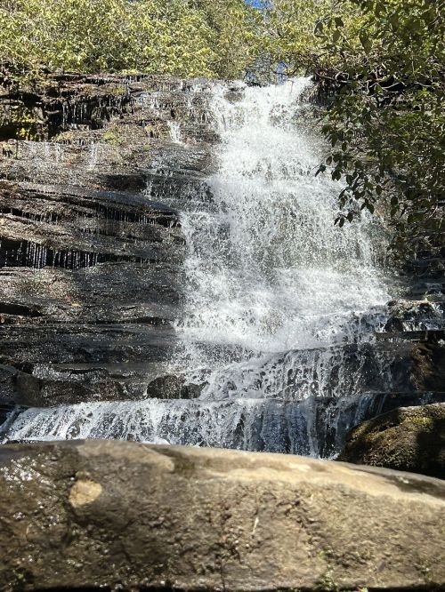 A cascading waterfall flows over rocky ledges, surrounded by lush greenery and sunlight filtering through the trees.