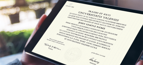 A tablet displaying a diploma from Universitatis Yalensis, featuring the name John Sample Name and official seals.