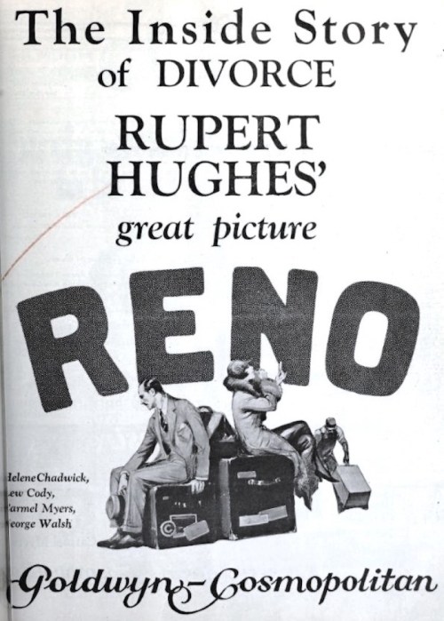 Vintage advertisement for the film "Reno," featuring the tagline "The Inside Story of Divorce" and credits for cast and director.