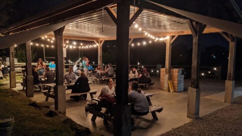 A lively outdoor gathering under a lit pavilion at night, with people seated at picnic tables enjoying the atmosphere.