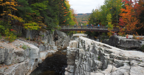 A scenic view of a rocky river gorge with a wooden bridge and colorful autumn foliage in the background.