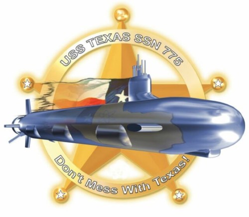 Image of the USS Texas SSN 775 submarine with a Texas flag background and a "Don't Mess With Texas!" slogan.