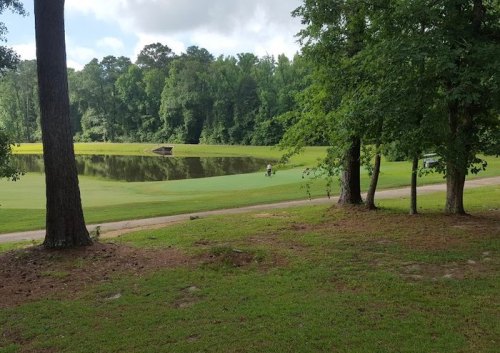 A serene landscape featuring a pond surrounded by lush greenery and trees, with a path in the foreground.