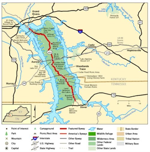 Map of Kentucky and Tennessee highlighting routes, parks, and points of interest around Land Between the Lakes.