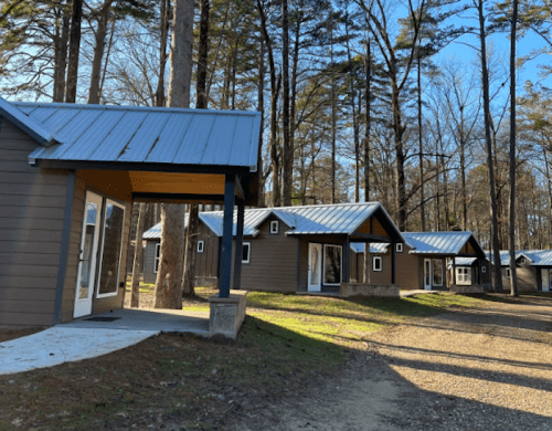 A row of modern cabins with metal roofs nestled among tall trees in a wooded area.