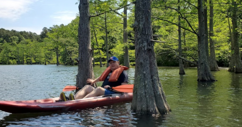 A person in a kayak wearing a life jacket, surrounded by trees in a calm lake on a sunny day.
