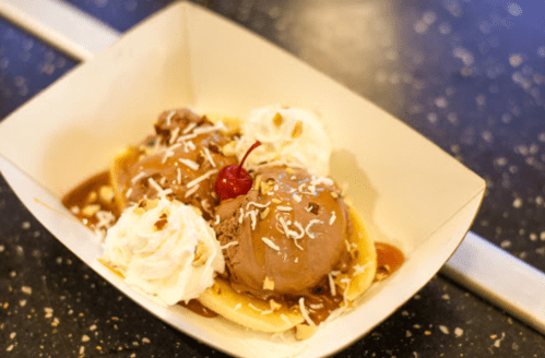 A dessert bowl with two scoops of chocolate ice cream, whipped cream, a cherry, and sprinkled nuts on a banana.