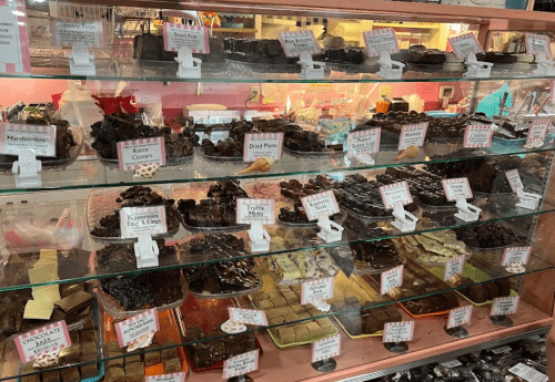 A display case filled with various types of fudge and chocolate treats, each labeled with names and prices.