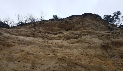 A steep, rocky cliff face with sparse vegetation and a cloudy sky above.