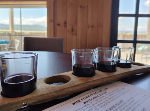 A wooden flight board with four glasses of red wine, set on a table with a menu and a scenic view in the background.