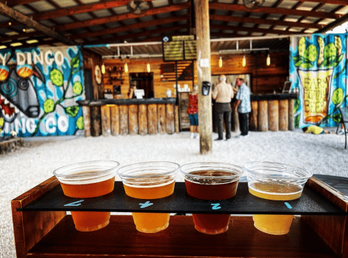 A flight of four craft beers on a wooden paddle, with a vibrant bar and colorful murals in the background.