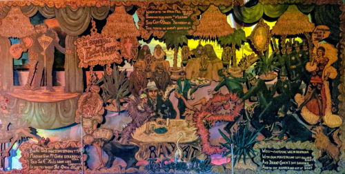 A colorful mural depicting a vibrant scene with various characters, plants, and intricate designs.