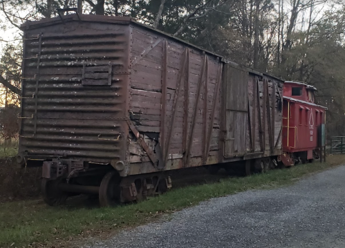 An old, weathered train car and caboose sit on a gravel path surrounded by trees.